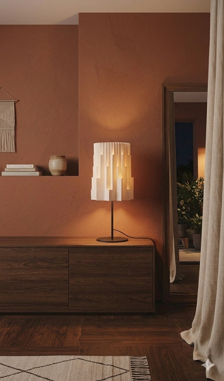 Fotografía de la lámpara Plié Lights, lámpara de mesa referencia Pilar, de la colección Monumentos. Producto hecho en Colombia. Diseño Colombiano. Figura geométrica con diseño arquitectónico. Ideal para iluminar y darle calidez a los espacios. efecto de luz y sombras generado por cortes en el papel que dejan pasar luz directa. La lámpara está puesta en una consola, en un espacio interior con otros objetos alrededor como un tapete, un florero, una cortina y unas matas en el fondo. 